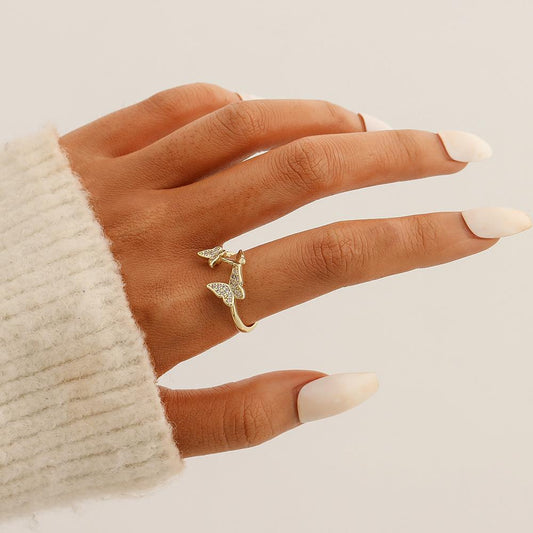 Simple full diamond butterfly opening copper micro-inlaid zircon ring light luxury niche irregular design ladies ring