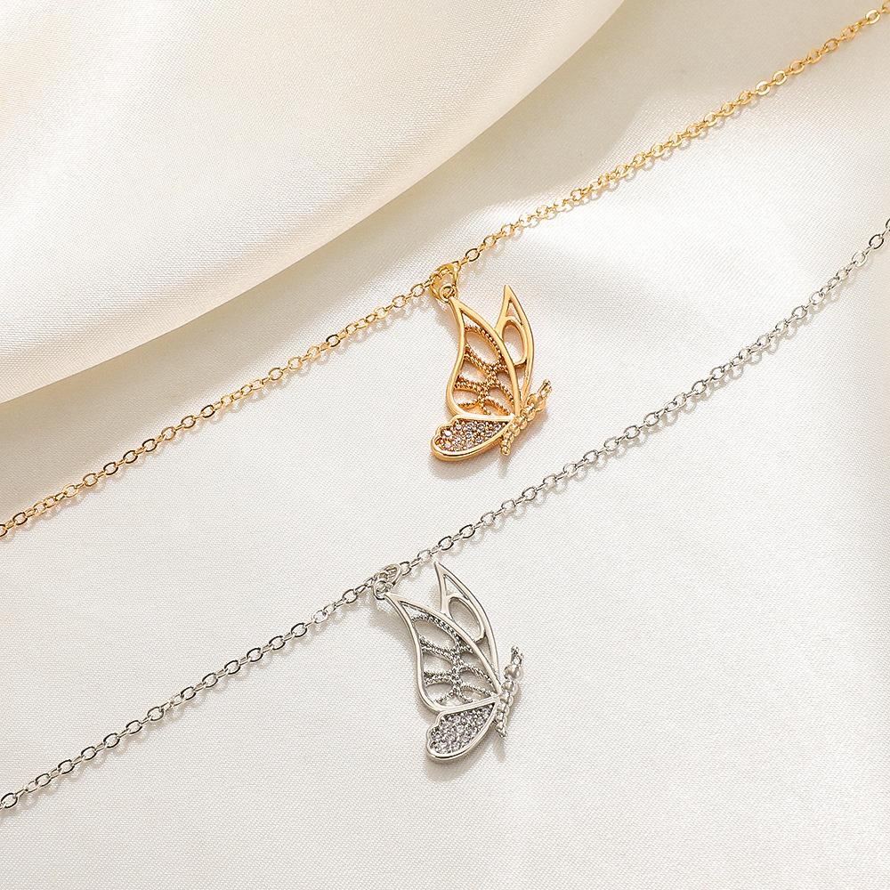 Ins hollow butterfly necklace female retro fashion temperament diamond-studded butterfly collarbone chain butterfly dancing necklace