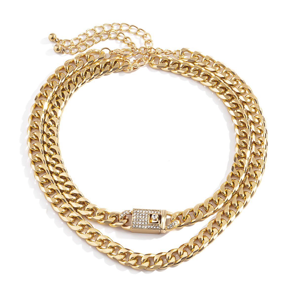 Jewelry Hip-Hop Studded Diamond Cuban Buckle Head Necklace Women's Retro Metal Aluminum Chain Necklace Set