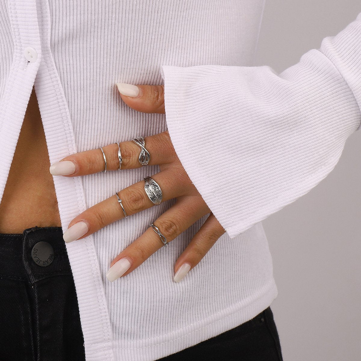 R78 Personality Cold Leaf Ring Set 8-character Plain Circle Personality Small People Design Sense Ring Female