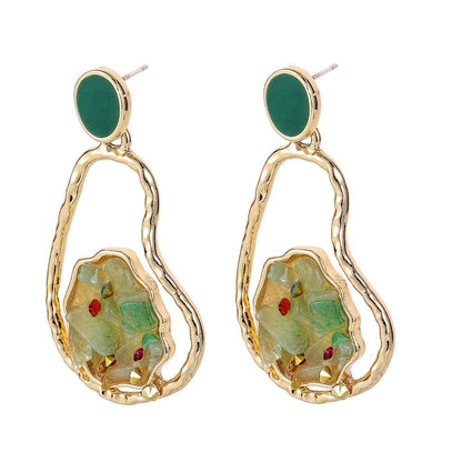 Irregular geometric fashion hollow green aventurine crushed stone earrings personality dripping oil gourd earrings