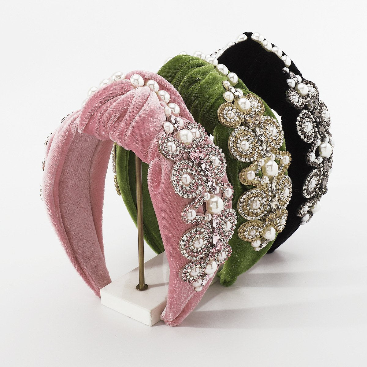 F4644 Sweet retro pearl headband women's velvet claw chain colorful diamond shining knotted wide-brimmed solid color headband