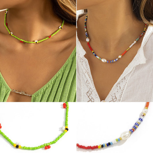 Jewelry Creative Contrasting Color Rice Bead Beaded Necklace Women's Simple Geometric Imitation Pearl Single Layer Necklace