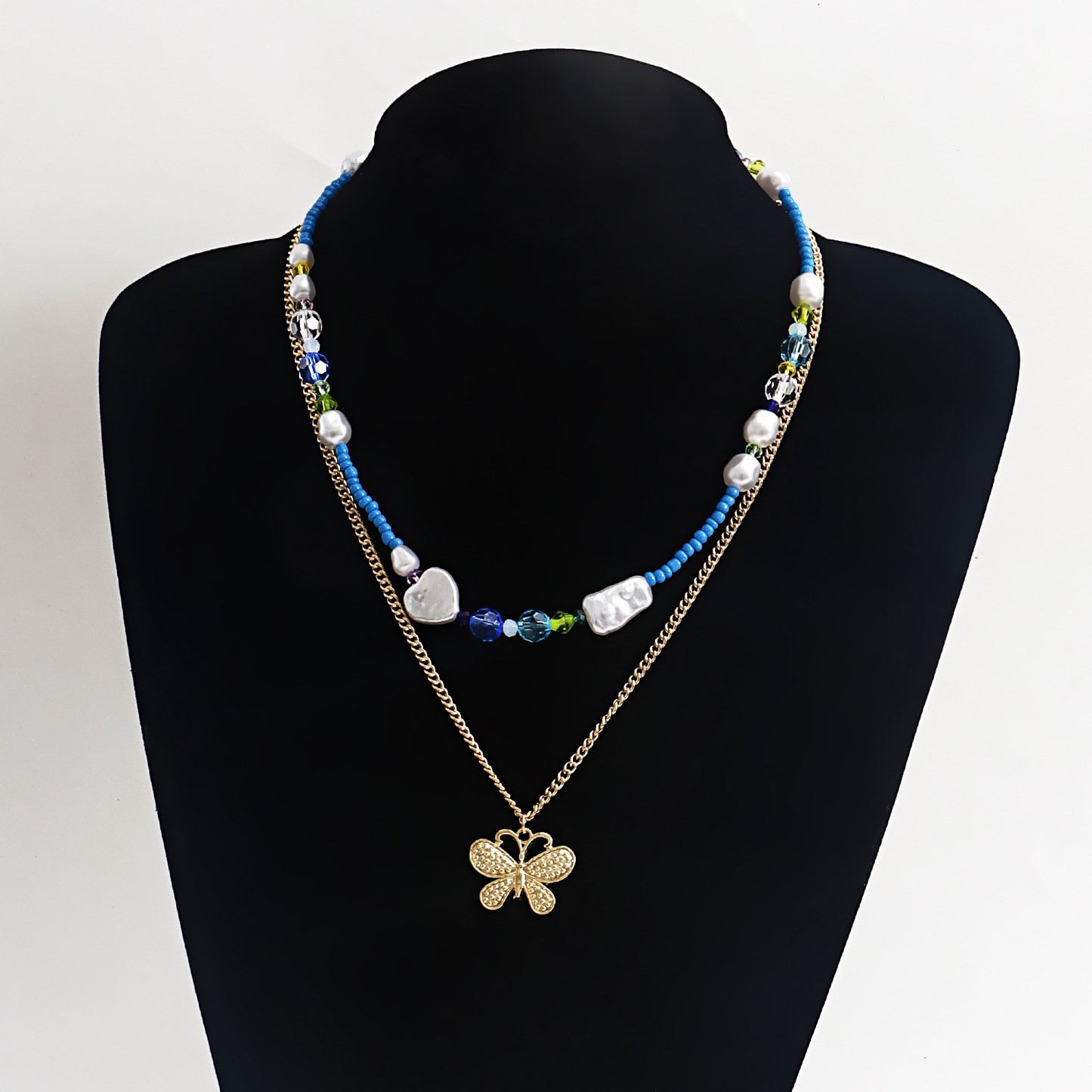 Jewelry Retro Metal Three-dimensional Butterfly Beads Necklace Women's Versatile Beaded Woven Pearl Necklace