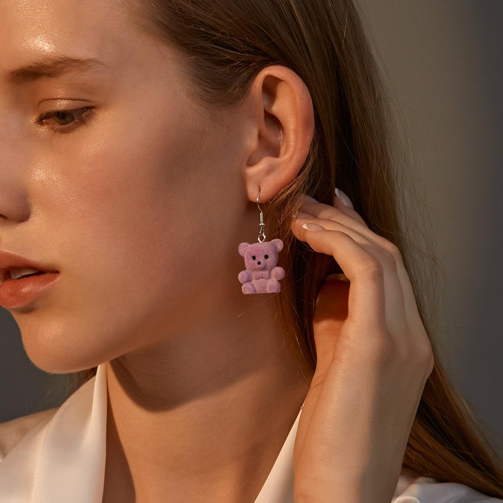 Cute flocking bear earrings cartoon girl earrings autumn and winter all-match net red plush small animal ear accessories