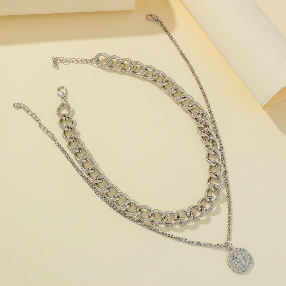 Jewelry punk hip-hop double thick chain choker necklace fashion retro coin pendant necklace