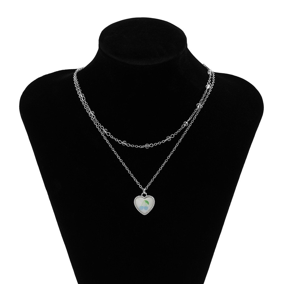 Jewelry Niche Heart-shaped Cherry Pendant Necklace Female Simple Versatile Imitation Crystal Double Layer Necklace