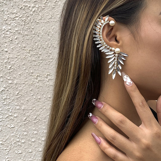 Jewelry Fashion Exaggerated Crystal Pearl Diamond Earrings Personality Geometric Leaf Ear Bone Clip Earrings