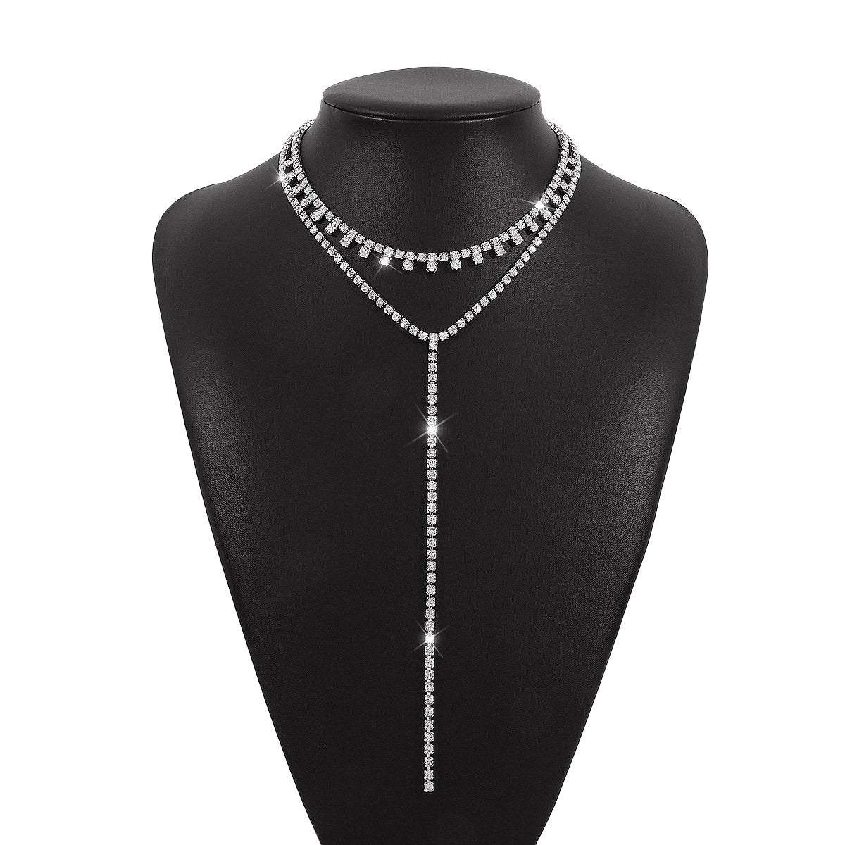 N146 Exaggerated Rhinestone Long Necklace Double Tassel Personality Fashion Necklace Internet Celebrity Retro Necklace