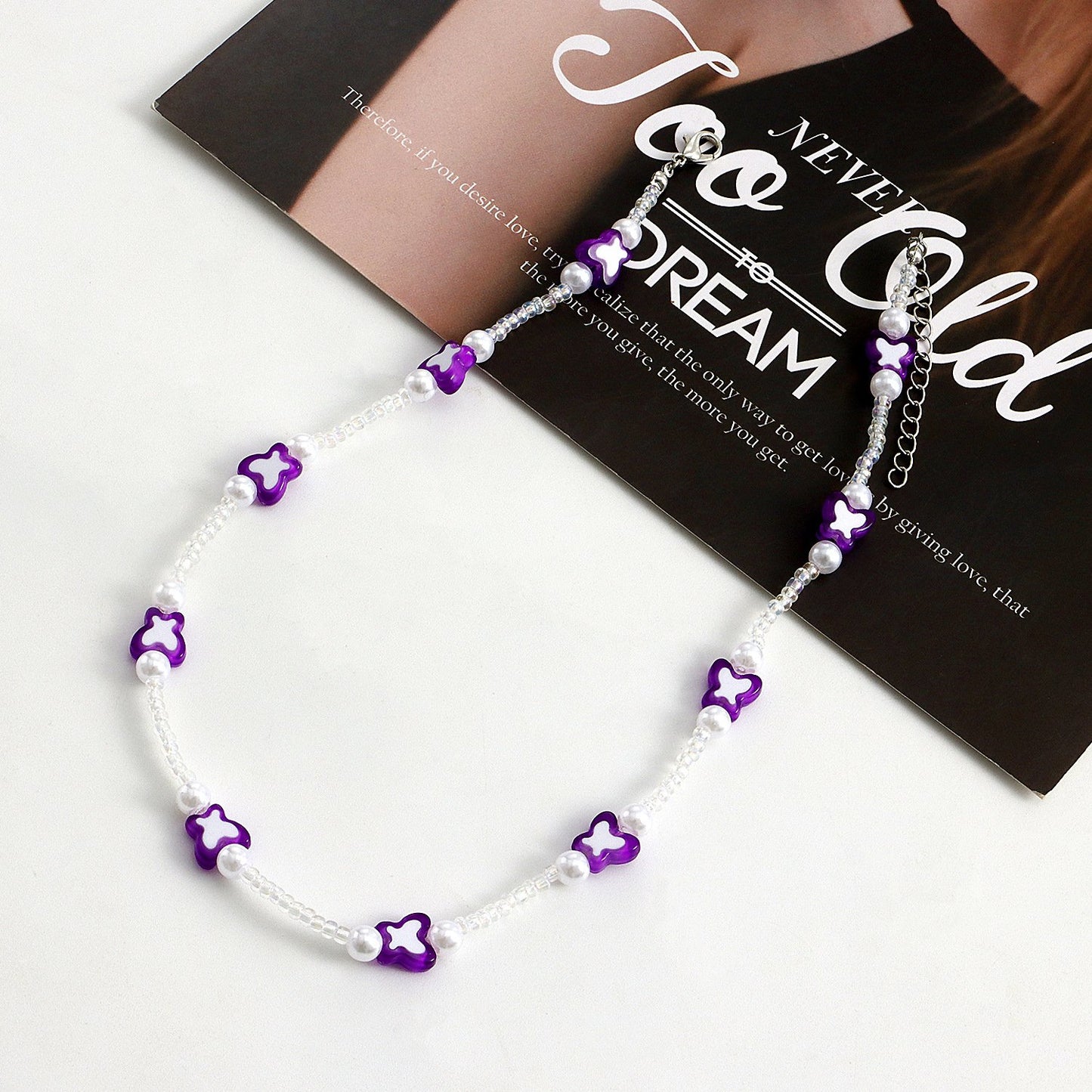 Jewelry Mini Color Butterfly Transparent White Rice Bead Necklace Female Y2K Small Fresh Imitation Pearl Necklace