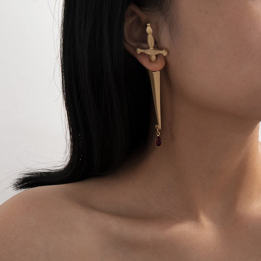 Jewelry niche design long sword hilt earrings trendy cool hip-hop red water drop cross earrings