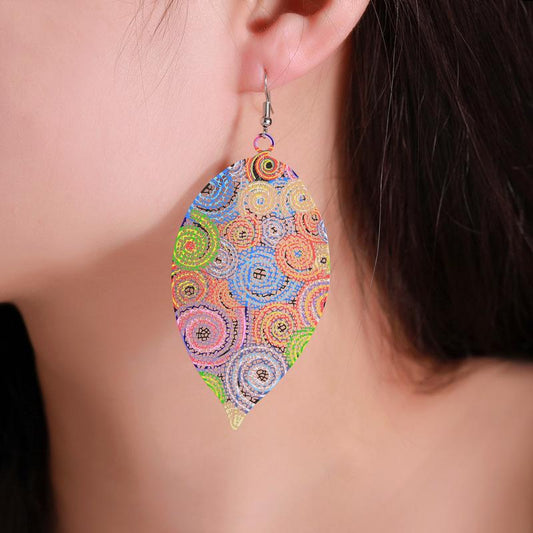 Creative color hollow leaf earrings bohemian ethnic exaggerated printing leaf earrings