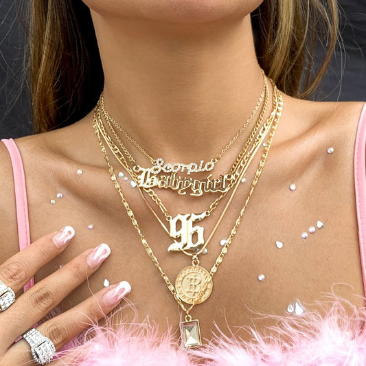 Jewelry retro alphanumeric multi-layer embossed necklace female heavy industry metal gemstone stacking necklace