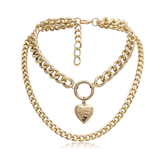 Heart Pendant Necklace Double Ring Women's Jewelry Necklace Retro Creative Accessories