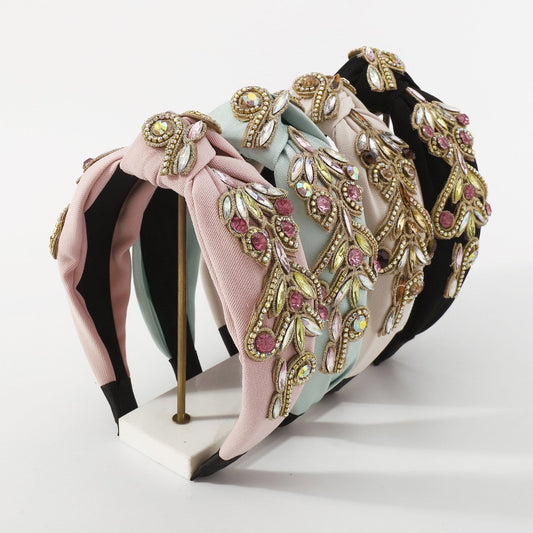 F4639 Baroque exaggerated headband fabric knotted rhinestone claw chain leaf light luxury heavy industry headband female