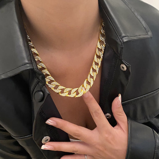 Jewelry Hip Hop Retro Full Diamond Cuban Chain Necklace Trend Metal Diamond Chain Men's and Women's Necklace