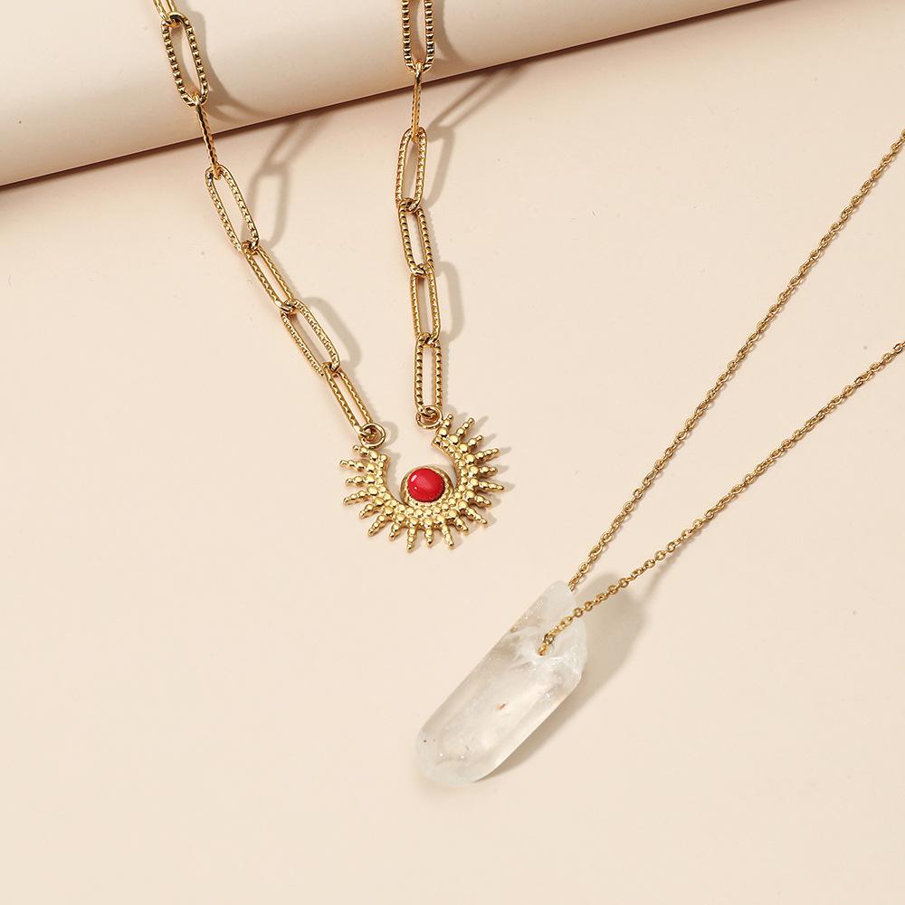 Ruby Sun Raw Stone Stainless Steel Necklace Stone Double Layer Titanium Steel Clavicle Chain Jewelry Women