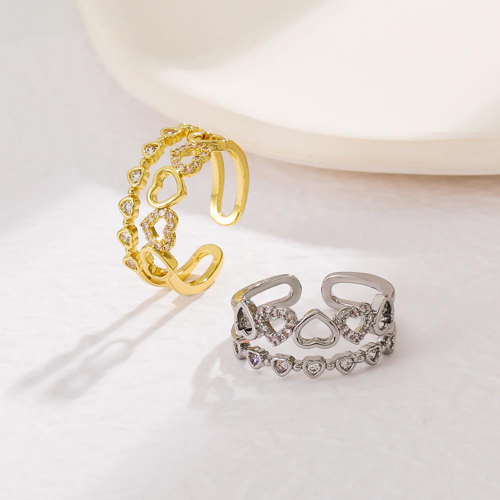 ins double love ring women's fashion light luxury diamond hollow heart-shaped opening index finger ring personality ring