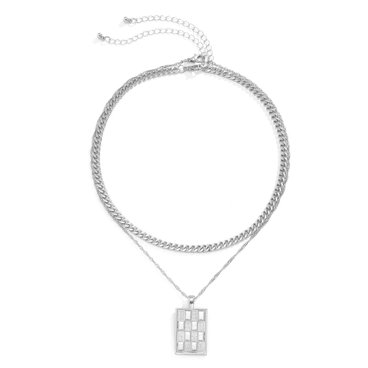 Jewelry Hip Hop Metal Checkerboard Tag Necklace Retro Simple Thin Chain Clavicle Necklace