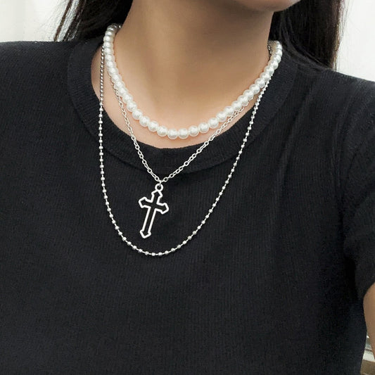 Jewelry Sweet Cool Hollow Cross Imitation Pearl Multilayer Necklace Female Simple Bead Beaded Necklace