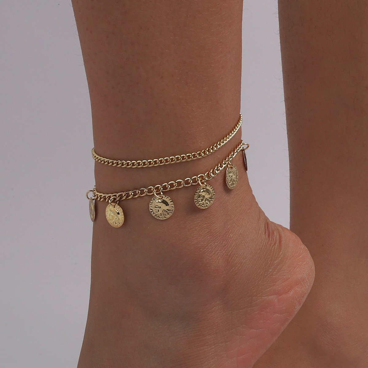 A129 Folding Chains Fashion Foot Ornament Disc Beauty Head Simple Metal Exaggerated Geometric Anklet Women