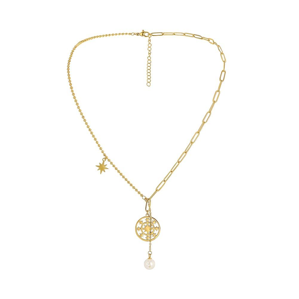 Stainless Steel Jewelry Creative Compass Hexagram Pearl Pendant 18K Gold Fashion Short Necklace For Women