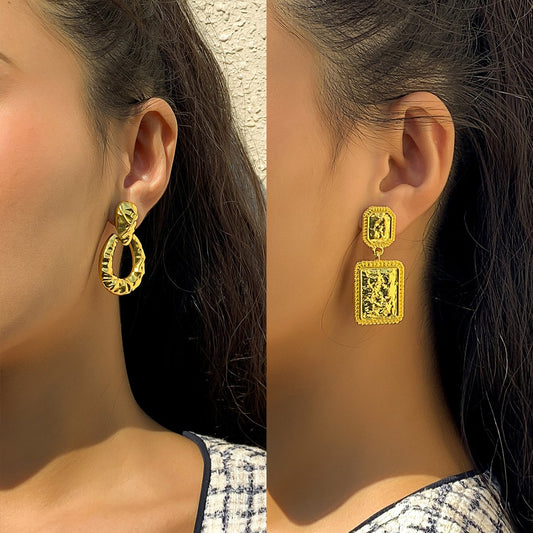 Jewelry Niche Metal U-Shaped Water Drop Earrings Retro Versatile Geometric Hemp Surface Square Earrings