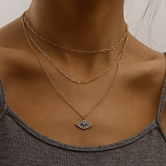Jewelry fashion multi-layer fine chain diamond blue devil's eye pendant necklace female ins necklace
