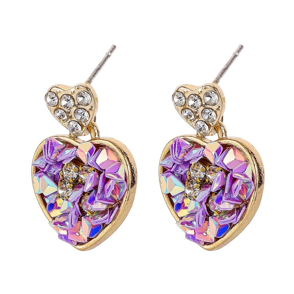 Purple Heart Earrings Full of Diamonds Elegant Peach Heart Pendant Versatile Earrings Jewelry