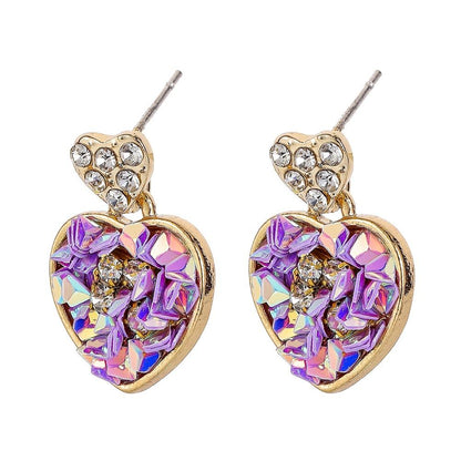 Purple Heart Earrings Full of Diamonds Elegant Peach Heart Pendant Versatile Earrings Jewelry