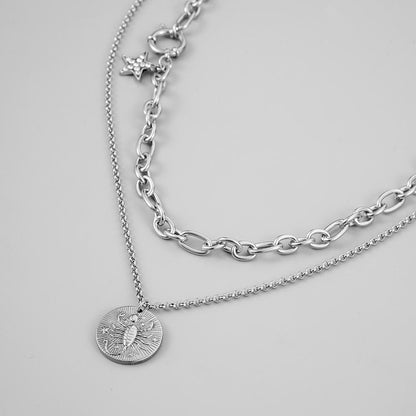 Trendy men's high-end stacked double-layer stainless steel Scorpio five-pointed star scorpion necklace oil pressure pendant