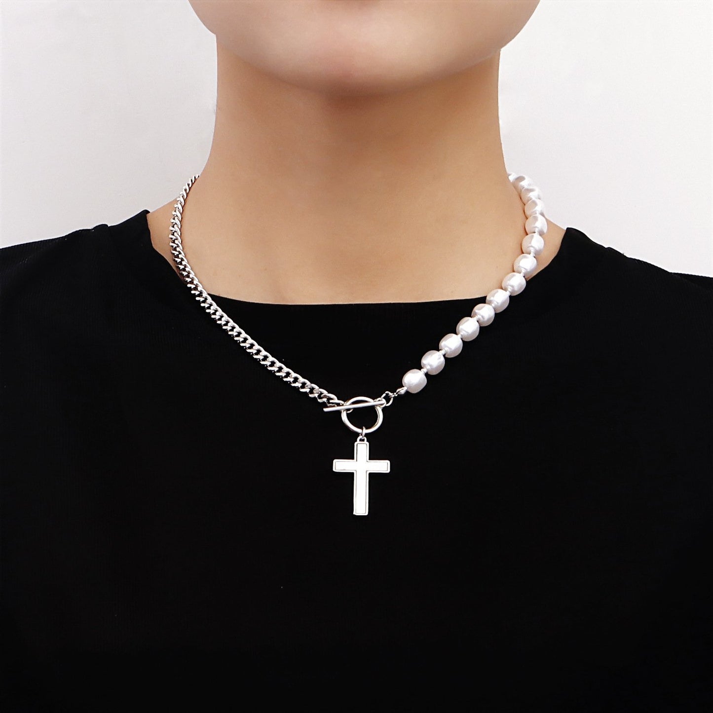 Jewelry Stitching Chain Mix and Match Beaded Imitation Pearl Necklace Cross Fritillary Pendant Necklace Light Luxury