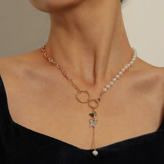 Jewelry Geometric Circle Full Diamond Butterfly Pendant Necklace Female Tassel Pearl Hole Metal Necklace
