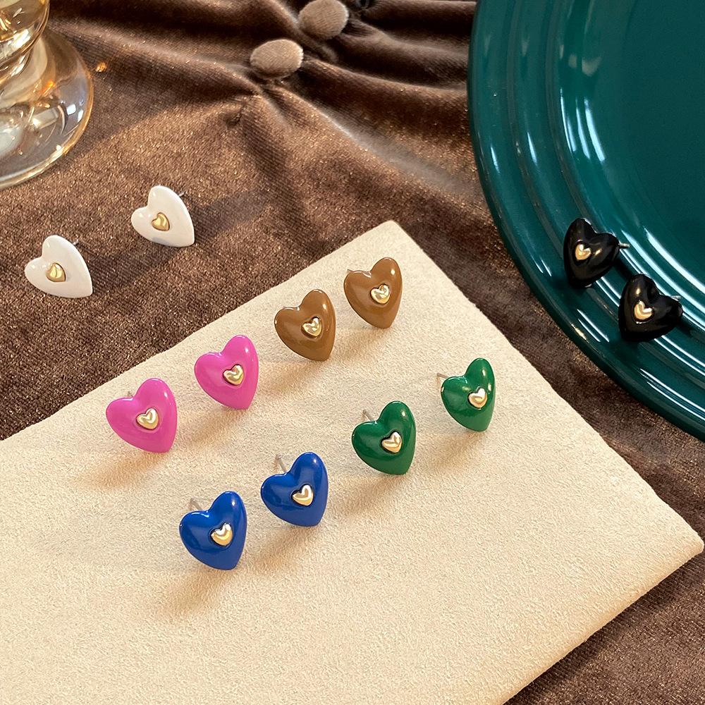 ins enamel drop oil inlaid love earrings fashion temperament niche design peach heart earrings simple earrings