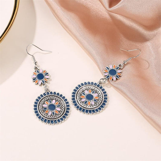 Ethnic color drop oil long small daisy retro earrings palace carved metal flower totem earrings