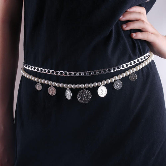 Jewelry Personality Retro Slim Thick Chain Body Chain Female Simple Double Layer Imitation Pearl Pendant Waist Chain