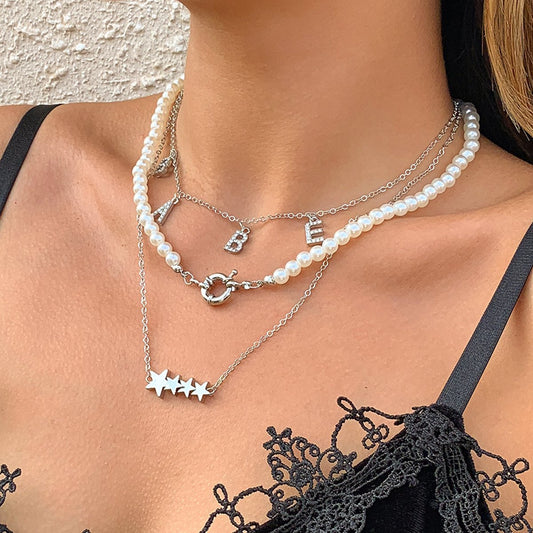 Jewelry Retro Mix and Match Imitation Pearl Chain Necklace Inlaid Rhinestone Letter Star Stacked Necklace Women