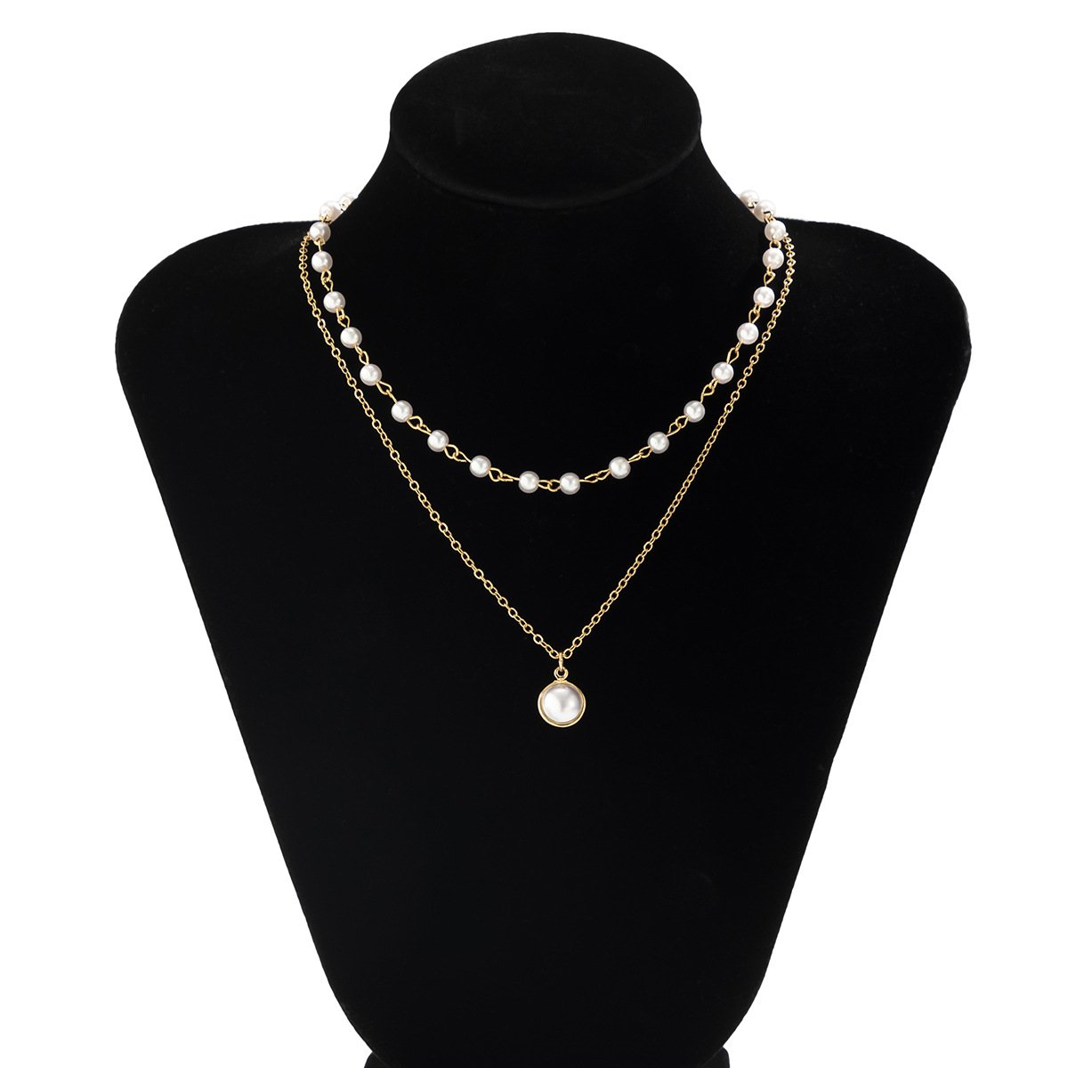 Jewelry Personality Round Pendant Thin Chain Necklace Simple Temperament Imitation Pearl Double Layer Necklace Female