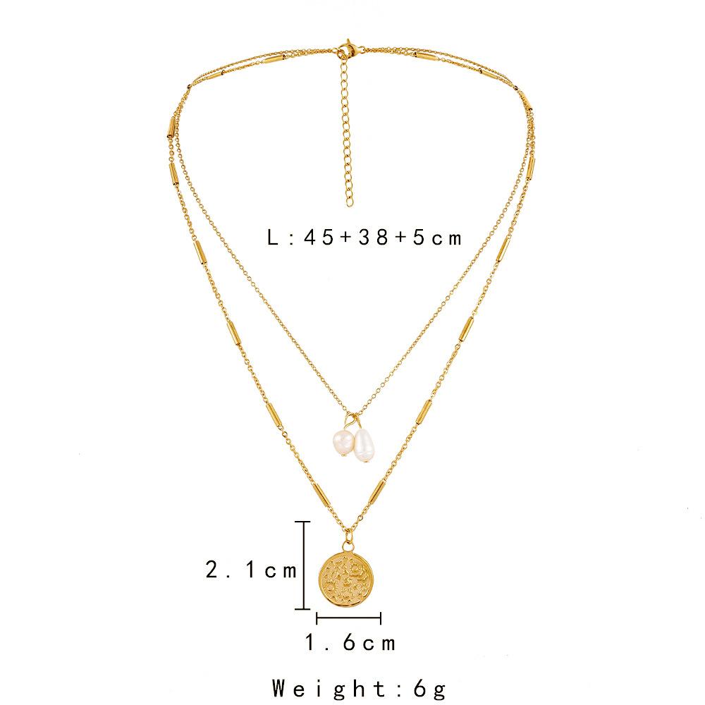 Personalized fashion stainless steel double stacked stitching golden freshwater pearl coin necklace collarbone chain