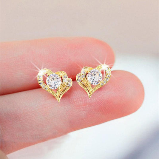 Fashion women's S925 silver needle heart-shaped stud earrings gold and silver simple temperament love earrings jewelry