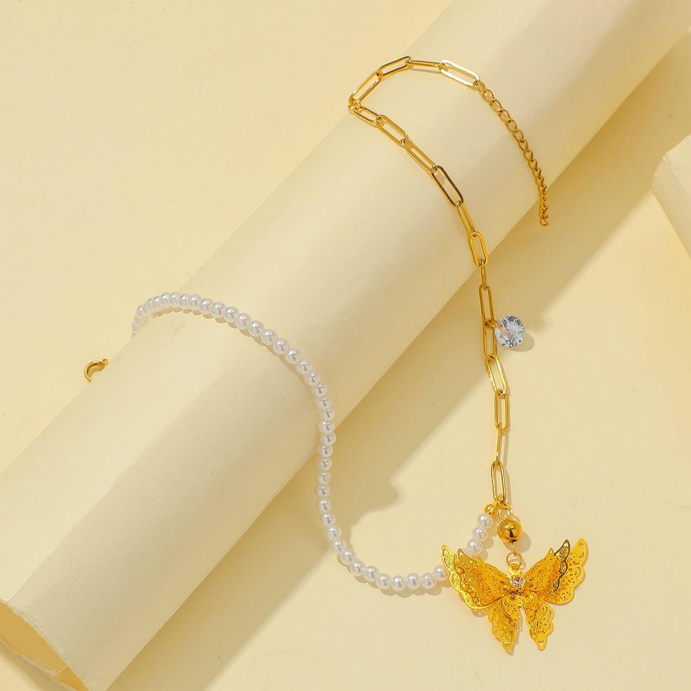 Asymmetric Personality Short Stitching Pearl Necklace Light Luxury Temperament Clavicle Chain Hollow Butterfly Pendant Jewelry