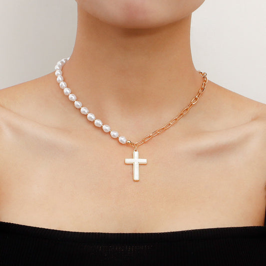 Jewelry simple stitching chain imitation mother-of-pearl cross pendant necklace female cold necklace