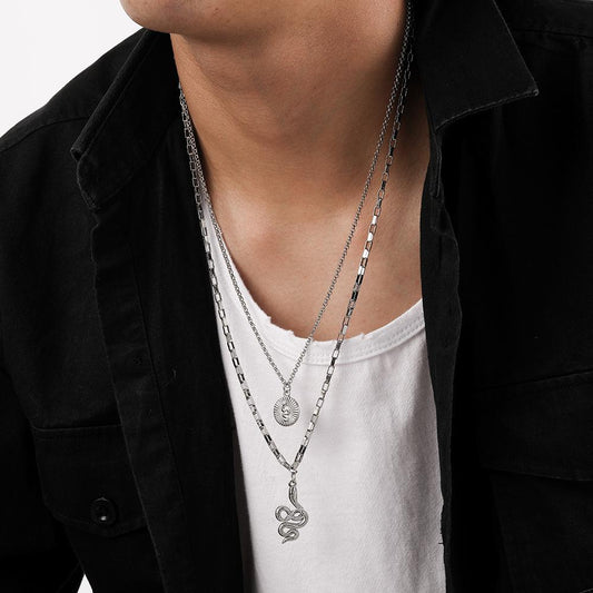 Domineering men's simple personality double-layer stainless steel coin totem pendant niche design snake stacked necklace