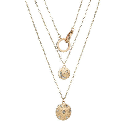 Fashion Alloy Rhinestone Star Moon Pendant Necklace Vintage Multilayer Necklace Accessories