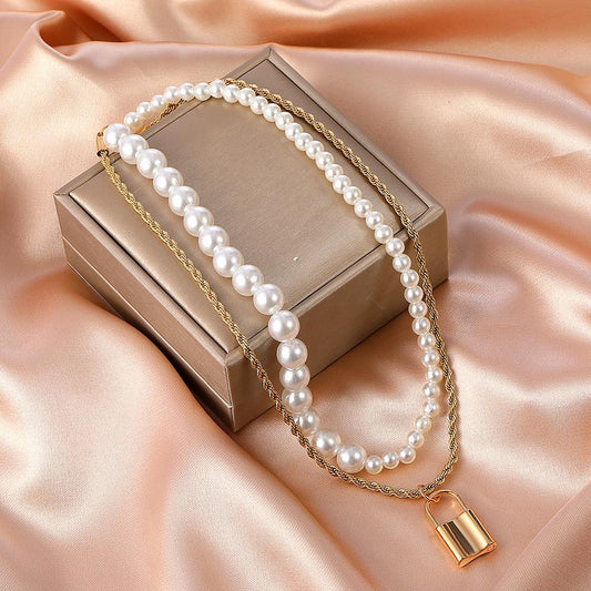 Retro multi-layer baroque pearl necklace female fashion temperament lock head stacked sweater chain personality collarbone chain