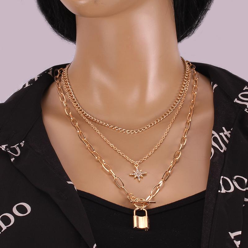 Necklace Retro Temperament Padlock Geometric Necklace Female Simple Padlock Metal Chain Three Layers Necklace
