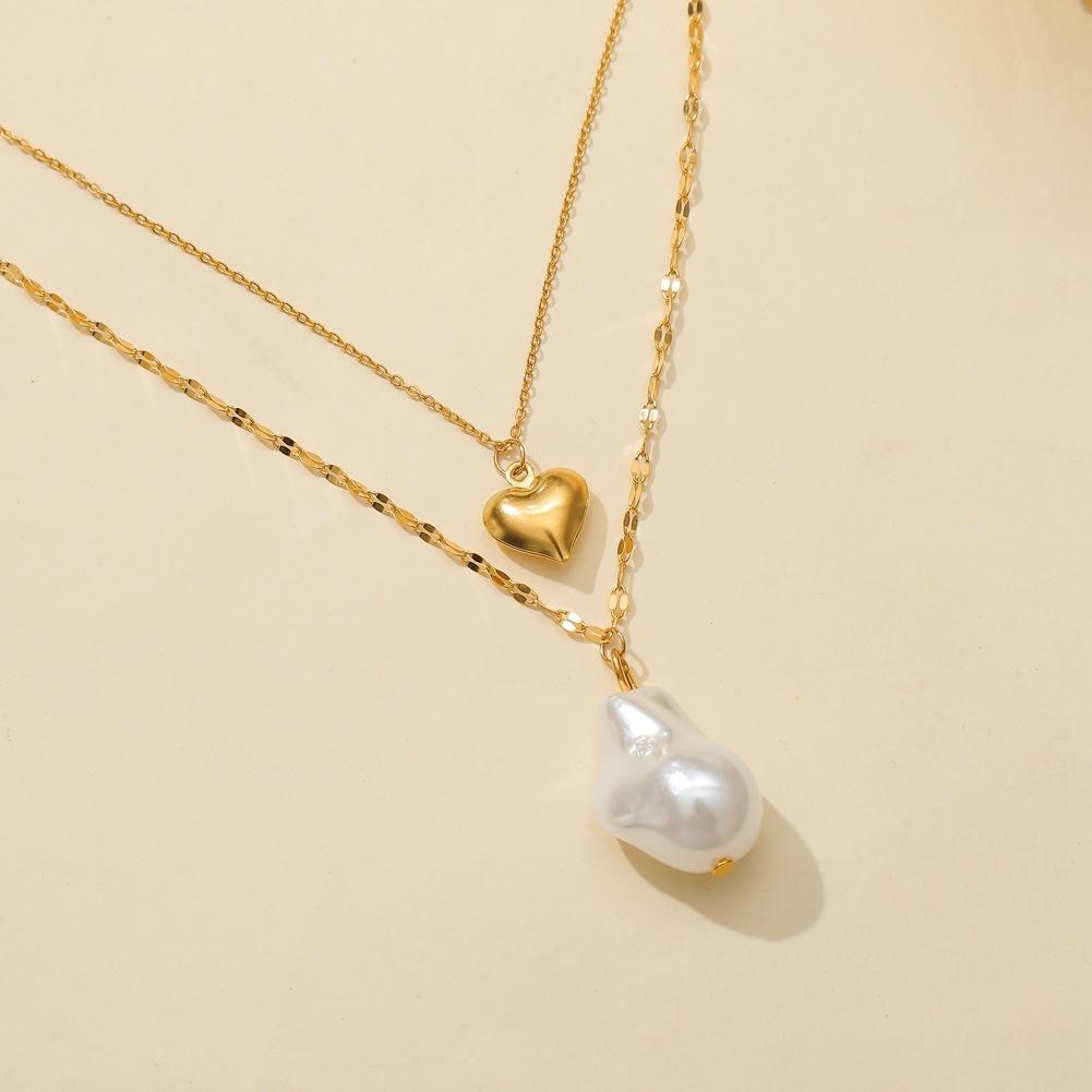 Ins popular baroque special-shaped pearl pendant fashion titanium steel real gold heart necklace double necklace
