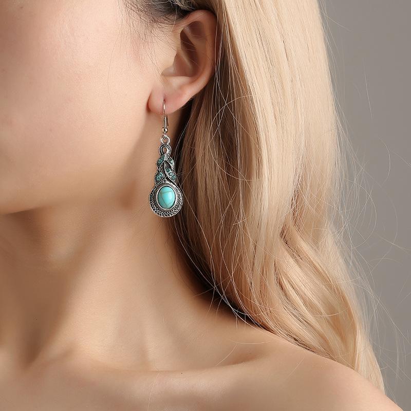 Trendy Vintage Pattern Blue Crystal Embellished Turquoise Drop Earrings Boho Statement Earrings