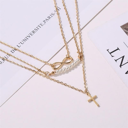 Fashion Women's Figure 8 Pearl Multilayer Pendant Necklace Cross Clavicle Chain Jewelry