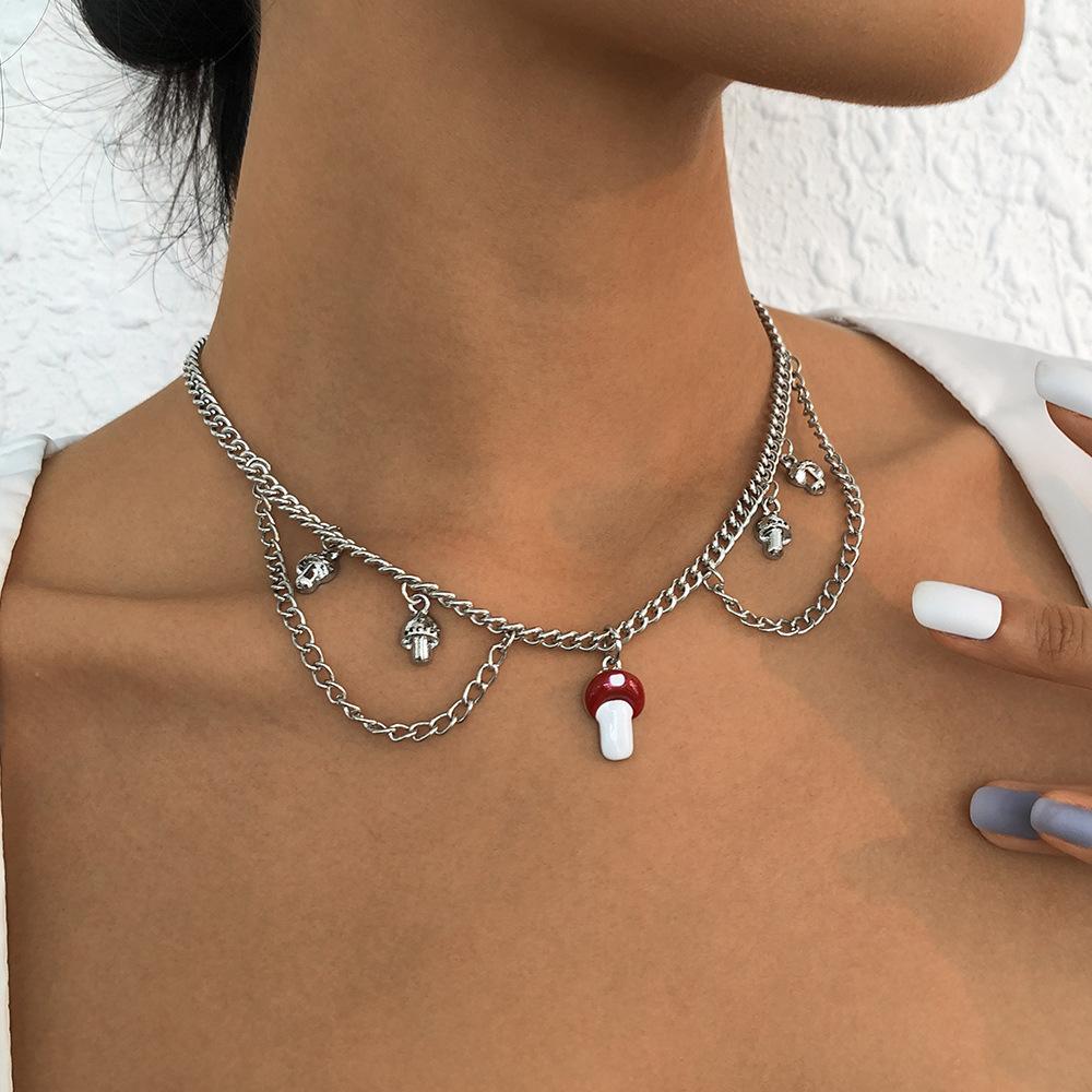 N984 Simple Fashion Necklace Niche Design Mushroom Pendant Necklace Geometric Drip Oil Short Necklace Women